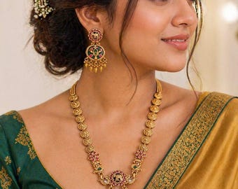 Antique Gold Temple Necklace Set with Meenakari Kemp Stones | Traditional South Indian Jewelry