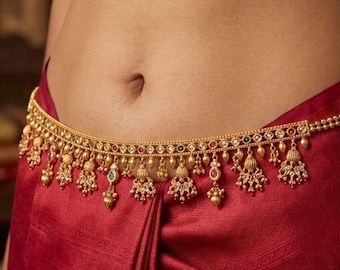 Traditional Indian Kamarbandh Waist Belt, Gold Plated Temple Jewelry Chain