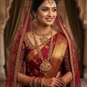 Puede incluir: Una mujer con un sari granate con bordados dorados y un velo a juego. Está adornada con elaboradas joyas de oro, incluyendo un collar, pendientes y una tiara. La imagen incluye el texto "Braas High Gold Longest & Haslset No.173-5".