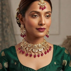 以下が含まれることがあります： ゴールドトーンのジュエリーセットで、チョーカーネックレス、お揃いのドロップイヤリング、マーンティッカが含まれています。各ピースは円形のフィリグリーモチーフ、埋め込まれた石、そして小さな白いパールのアクセントが付いた濃いピンク色のぶら下がりビーズで装飾されています。