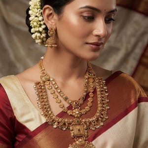 Set di collana lunga tradizionale da tempio, gioielli da sposa dell'India meridionale, collana lunga placcata in oro, gioielli etnici Bollywood per donna