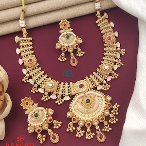 Antique Gold Plated Indian Bridal Jewelry Set, Ruby Emerald Stones, Traditional Ethnic Wear