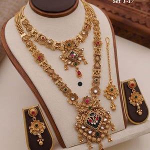 South Indian Temple Jewelry Combo Set, Antique Gold Plated Necklace, Earrings, Maang Tikka image 4