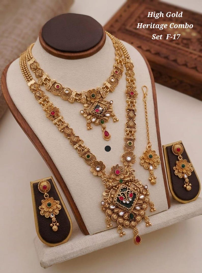 South Indian Temple Jewelry Combo Set, Antique Gold Plated Necklace, Earrings, Maang Tikka image 4