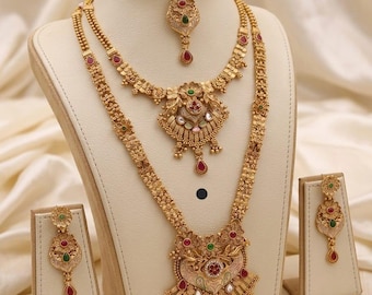 Antique Bridal Necklace Set - Indian Wedding Jewelry Combo - Peacock Gift House