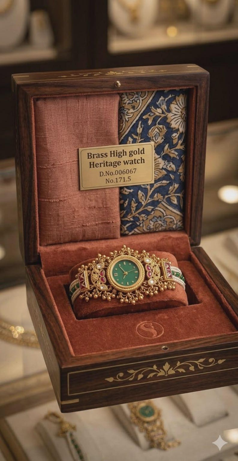 May include: A brass high gold heritage watch with a green face, displayed in a wooden box with a red velvet interior. The watch has a gold band with red and green accents. The box also contains a pink fabric and a blue patterned fabric.
