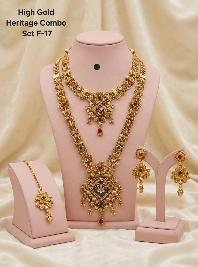 South Indian Temple Jewelry Combo Set, Antique Gold Plated Necklace, Earrings, Maang Tikka image 6