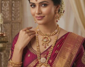 South Indian Temple Jewelry Combo Set, Antique Gold Plated Necklace, Earrings, Maang Tikka