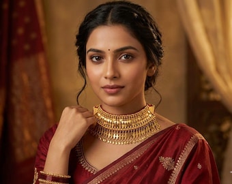 Bharwadi Zarmar Choker – Traditional Gujarati Tribal Necklace, Gold-Plated Alloy, Ethnic Jewelry