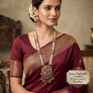 Colar longo indiano, conjunto de joias de noiva banhado a ouro, colar tradicional Rani Haar com rubis e esmeraldas, acessório étnico para casamento feminino.