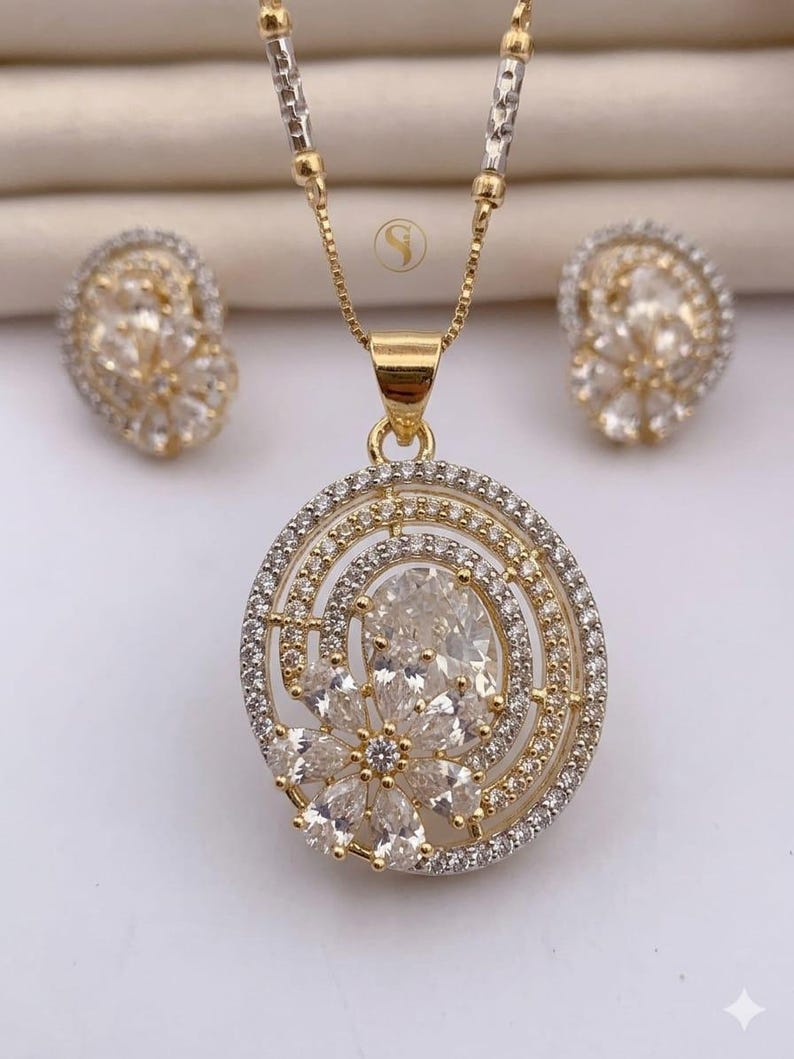 Elegant tvåfärgat A.D. diamanthänge, halsband med kubisk zirkoniablomma och matchande örhängen bild 2