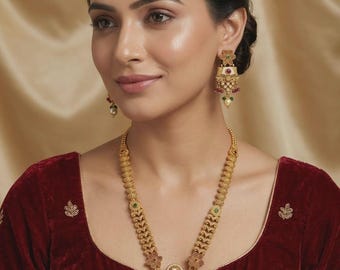 Antique Brass Copper Long Necklace Set with Kemp Stones and Pearls | Traditional South Indian Temple Jewelry |