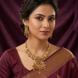 Antique Gold-Plated Necklace Set | Ruby Emerald Stones, Traditional Indian Bridal Choker
