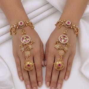 Indian Haath Bandh Hand Chain Bracelet, Gold Slave Bracelet with Ring, Ethnic Bridal Jewelry, Traditional Hathphool for Women, Wedding Gift