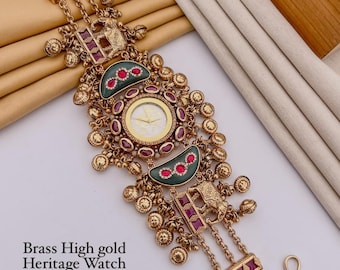 Antique Victorian Style Brass High Gold Heritage Kashmiri  Watch Bracelet | Traditional Temple Jewelry  Watch