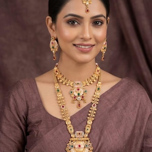 Indian Bridal Jewelry Set, Matte Gold Haram, Hasli Necklace, Wedding Temple Jewelry