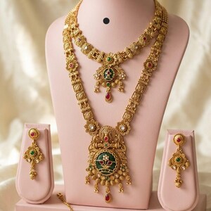 South Indian Temple Jewelry Combo Set, Antique Gold Plated Necklace, Earrings, Maang Tikka image 14