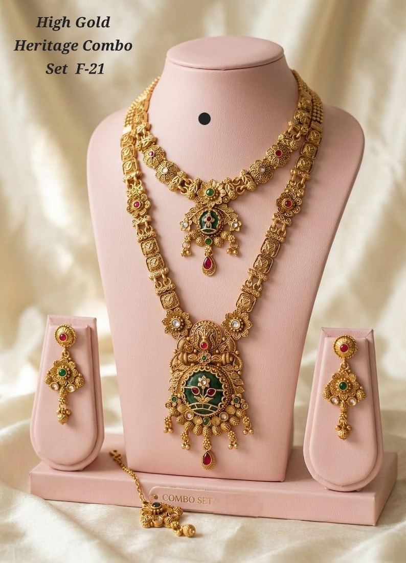 South Indian Temple Jewelry Combo Set, Antique Gold Plated Necklace, Earrings, Maang Tikka image 14