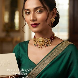 Traditional Indian Choker Necklace, High Gold Plated Hasadi Set with Earrings, Ruby Green Stone Ethnic Bridal Wedding Jewelry