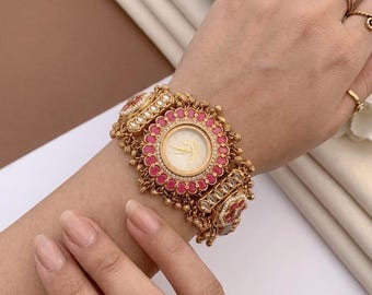 Vintage Brass High Gold Plated Heritage Bracelet Watch, Kundan Ruby Emerald Stone Kada