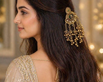 Brass High Gold Hair Brooch with Ghungroo Drops | South Indian Temple Jewelry