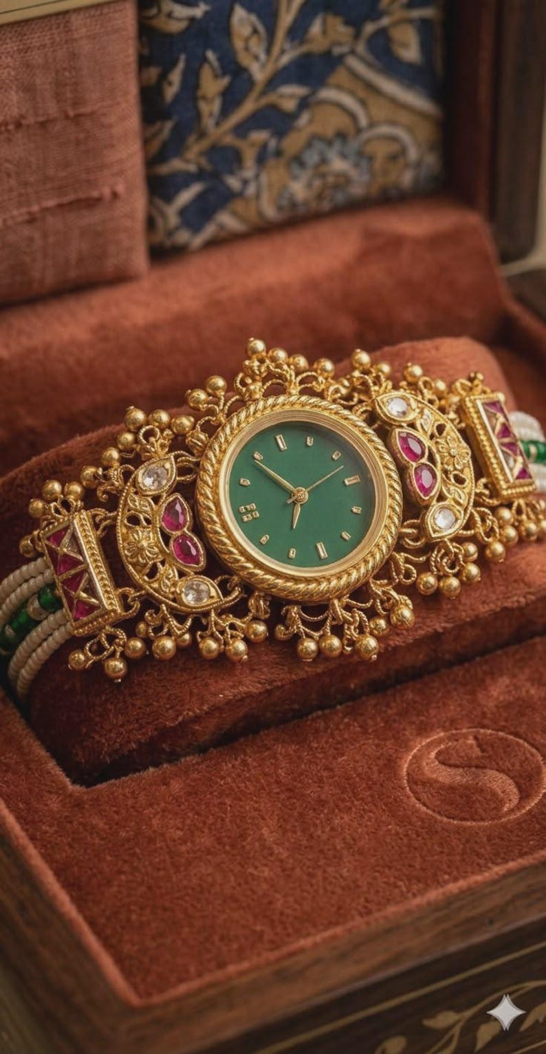 May include: Ornate gold-toned wristwatch with a green watch face. The watch features intricate detailing, including red and white gemstones, and is set on a white and green beaded band. The watch is displayed in a brown velvet box.