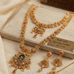 South Indian Temple Jewelry Combo Set, Antique Gold Plated Necklace, Earrings, Maang Tikka image 15