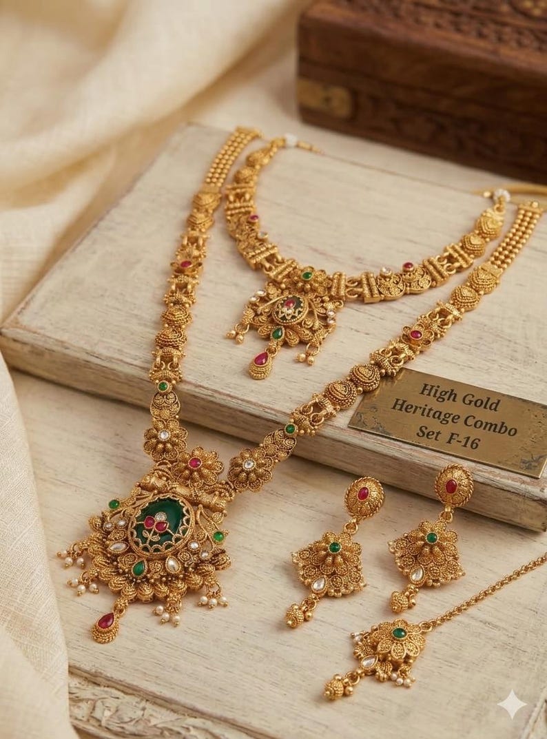 South Indian Temple Jewelry Combo Set, Antique Gold Plated Necklace, Earrings, Maang Tikka image 15