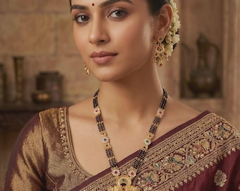 High Gold Rajvadi Mangalsutra Set with Matching Earrings | 30-Inch Long Traditional Indian Wedding Jewelry |