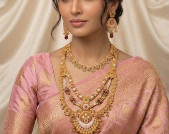 Conjunto de joyas nupciales tradicionales tamiles – Conjunto Haram de templo chapado en oro antiguo