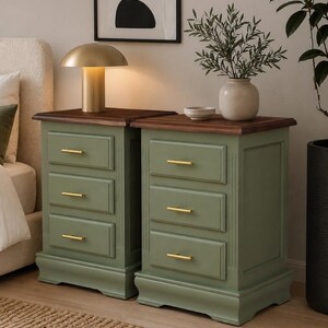 Set of 2 Olive Green Nightstands, Hand Painted Vintage Spanish Pine Bedside Tables, Restored Wooden Nightstands, Solid Wood Furniture