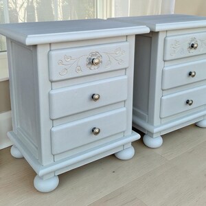 Set of 2 Hand-Painted Nightstands, Vintage Restored, Solid Pine, Brass Handles with Gold, Beig Lemon Green, Andalusian Style