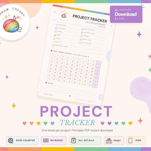 Könnte beinhalten: Ein druckbares Projekt-Tracker-Blatt für Strick- oder Häkelprojekte mit einem Reihenzähler mit 80 Feldern, Feldern für Projektdetails und einem farbenfrohen Design mit einem Wollknäuel-Logo und dem Text Project Tracker.