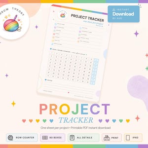 Może przedstawiać: Arkusz PDF do druku do śledzenia projektów z licznikiem rzędów i okrążeń zawierający 80 pól, oznaczony tekstem PROJECT TRACKER, THROW THEORY oraz różnymi szczegółami projektu. Projekt zawiera pastelowe akcenty, serca i gwiazdki.