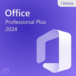 May include: A product box with a gradient purple background. The text "Office Professional Plus 2024" is displayed in white. A white, stylized shape is on the right side. The top right corner says "1 Device".