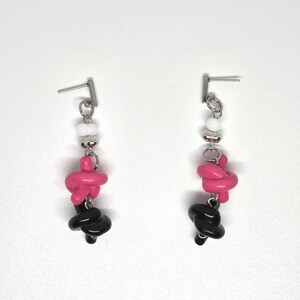 Cute Pink & Black Beaded Dangle Earrings | Kawaii Knot Design | Handmade Statement Earrings
