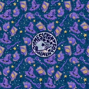 May include: A dark blue fabric pattern featuring repeating illustrations of purple wizard hats, yellow stars, spellbooks, and cats. A circular logo in the center displays the text HOMESICK MEMENTOS with a graphic of flowers in a vase.