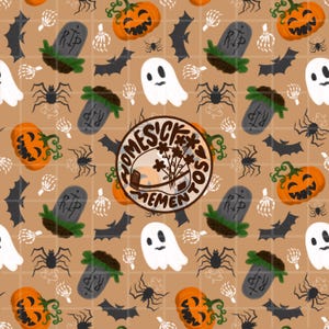 May include: A repeating pattern on a tan background featuring orange jack-o'-lanterns, grey tombstones with RIP text, white ghosts, black bats, spiders, and skeletal hands. A circular logo with the text HOMESICK MEMENTOS is centred.