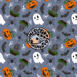 May include: A seamless pattern on a dusty blue background featuring orange jack-o'-lanterns, white ghosts, black bats, spiders, skeleton hands, and grey tombstones with RIP text. A circular logo with the text HOMESICK MEMENTOS is centred.