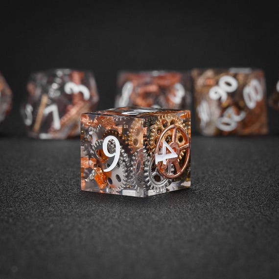 Steampunk Chronos - Artisan Resin Dice Set with Metal Gears ,Sharp Edge DND Dice for Artificer,7-Piece TTRPG Dice Set,Geek Gift
