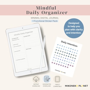 Mindful Daily Planner, Digital Journal with Functional Stickers, ADHD Friendly Daily Routine, Minimalist Organizer, GoodNotes Compatible