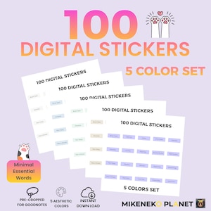 以下が含まれることがあります： ピンクとオレンジのグラデーションで「100 DIGITAL STICKERS」と書かれたデジタルステッカーセット。画像には、さまざまな色のステッカーが5枚表示されており、「5 COLOR SET」と書かれています。ステッカーはGoodnotes用に事前にトリミングされています。