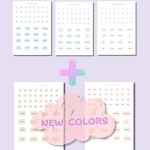 Bundel met 5 kleuren / 240 digitale stickers voor GoodNotes, minimalistische dagelijkse focuswoorden, direct te downloaden als PNG-bestand.