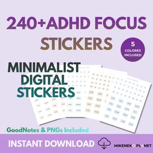 Digitala ADHD-klistermärken för Goodnotes, 240+ minimalistiska ADHD-fokusklistermärken, digitala iPad-planerarklistermärken, funktionella dagliga planeringsresurser