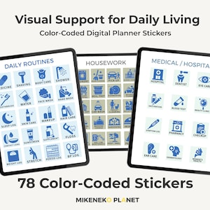 May include: Three digital tablets display 78 color-coded planner stickers titled Visual Support for Daily Living. The screens show grids of blue icons for Daily Routines, Housework, and Medical/Hospital tasks with text labels like Medicine and Dentist.