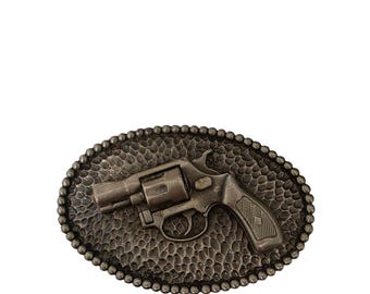 Hebilla de cinturón estilo revólver western de Great American Buckle Co., edición limitada de 1976, número de serie 411, fabricada en EE. UU., estilo vaquero americano de los años 70.