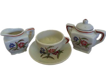 Vintage japanische Miniatur handbemalte Keramik Tee-Set mit Blumenmotiv - Milchkännchen Zuckerdose Tasse & Untertasse - Made in Japan