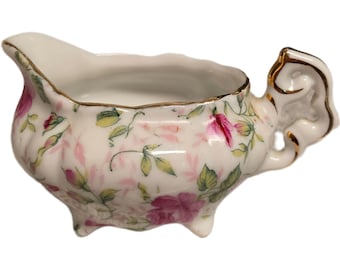 Vintage Lefton Rose Chintz Miniature Creamer, Hand Painted Porcelain Pitcher