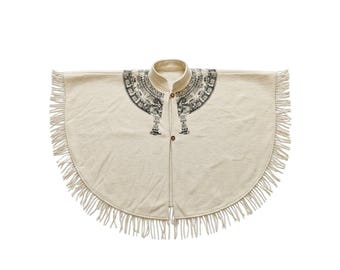 Mexikanischer Wollponcho aus den 1970er Jahren: Azteken-Maya-Kalenderdruck, Fransenbesatz (Lagerware)