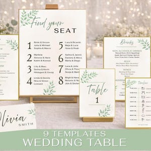 9 Wedding Table Template Bundle, Menu, Drink Menu, Timeline, Table Number, Place Card, Seating Chart, Minimalist Eucalyptus Canva, Editable